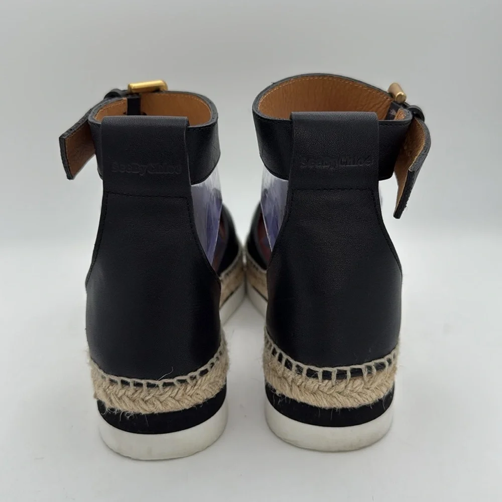 See by Chloe -women’s Glyn Espadrille black leather ankle strap platform shoes 8